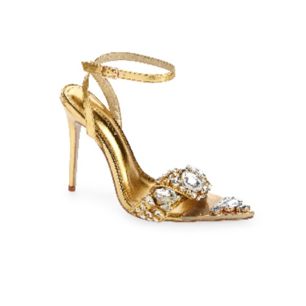 Gold Stiletto Heels with Rhinestone Accents